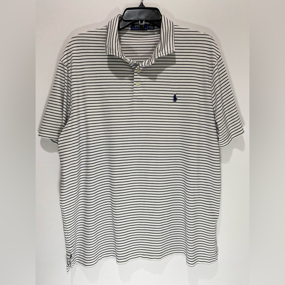 Polo Ralph Lauren Shirt Men’s XL White Blue Short Sleeve Polo Striped Blue Logo